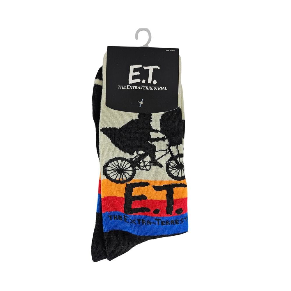 BIOWORLD MEN'S BLACK E.T. MOVIE CREW SOCKS GRAPHIC PRINT SIZE 8-12 NWT